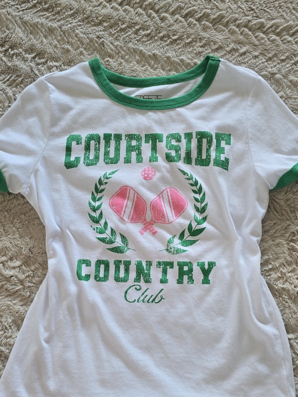 Freeze White Tee with Green Trim and Pink Paddle Graphic